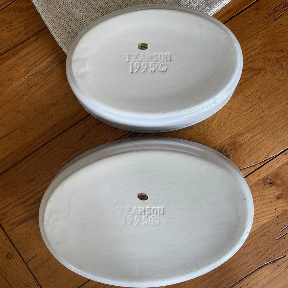 2 Teamson 1995 pottery vintage light blue and white stoneware casserole dishes